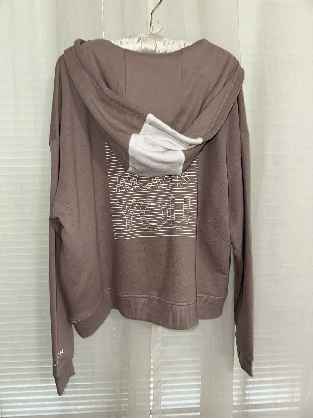 PELOTON L Anorak Color Block Tan White Snap Front Graphic Back Sweatshirt Hoodie - Picture 4 of 12